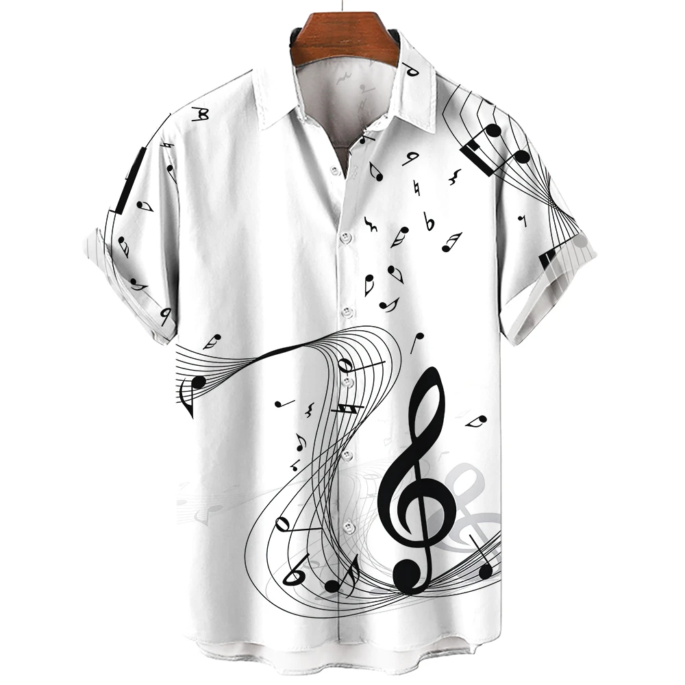 Musical Instrument Symbols - เสื้อเชิ้ตผู้ชายใหม่ 2026 แฟชั่นฤดูร้อน เสื้อฮาวาย แขนสั้น ปกเสื้อพิมพ์ลายสัญลักษณ์ดนตรี