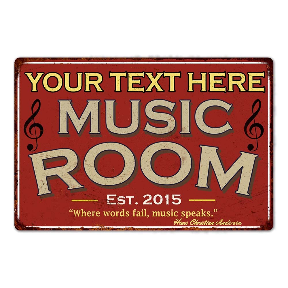 Musical Instrument Sign - ป้ายห้องดนตรีส่วนตัว ป้ายสีแดง ป้ายโลหะวินเทจ ตกแต่งผนัง ศิลปะการตกแต่ง ป้ายเพลง