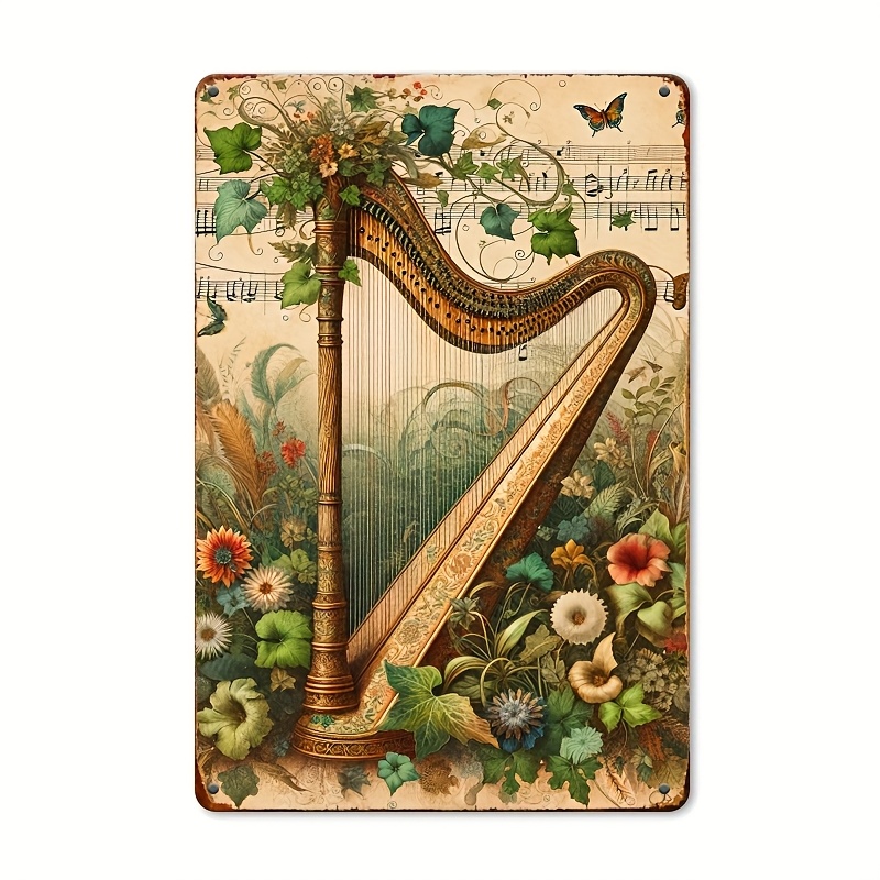 Musical Instrument Sign - ป้ายโลหะวินเทจลายพิณดอกไม้พร้อมโน้ตดนตรี ของตกแต่งผนังรูปผีเสื้อสไตล์เรโทร เหมาะสำหรับตกแต่งบ้านสไตล์ฟาร์มเฮาส์ทั้งภายในและภายนอก