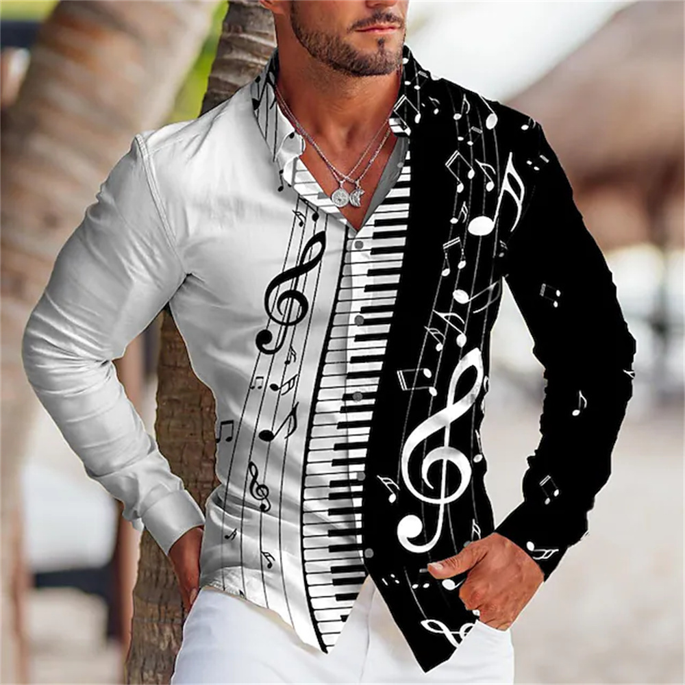 Musical Instrument Sign - 2025 ฤดูร้อนผู้ชายเสื้อแขนยาวเครื่องดนตรีรูปแบบสัญลักษณ์พิมพ์คอ,คาร์ดิแกน,Street Casualเสื้อ