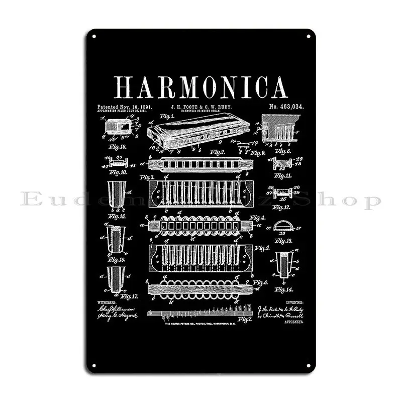 Musical Instrument Sign - ป้ายโลหะลายเครื่องดนตรีฮาร์โมนิก้า วินเทจ แบบสั่งทำได้ ตกแต่งผนัง ป้ายติดผนัง โปสเตอร์